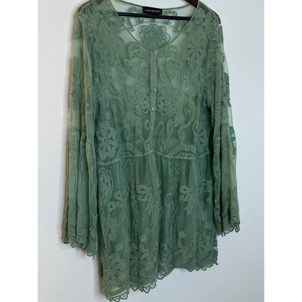 Lane Bryant Womens Plus Size 14/16 Mint Long Sleeve Lace Sheer Blouse Button E1